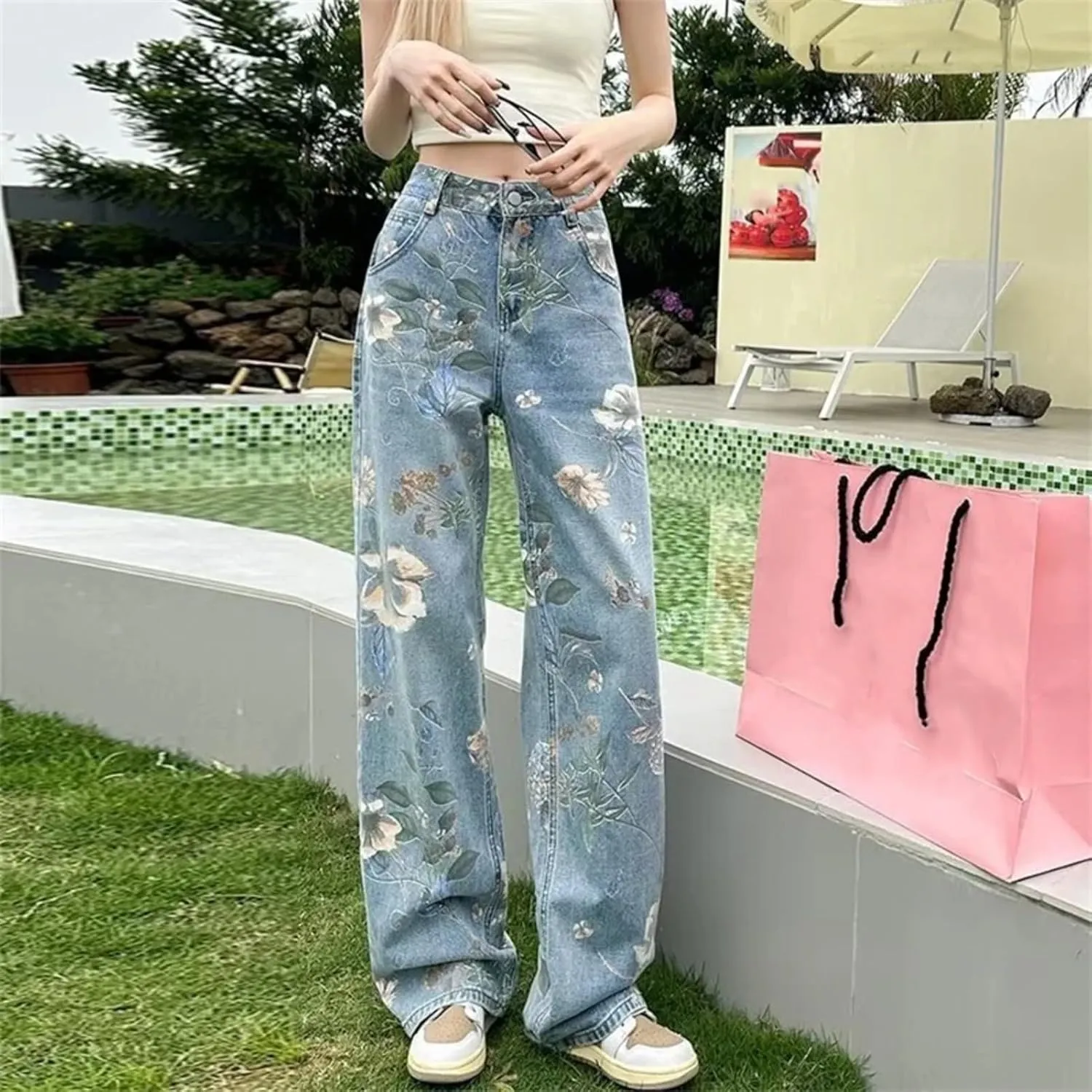 Print Flowers Wide Leg Jeans High Waist Trousers Casual Baggy Straight Streetwear Women Denim Pants