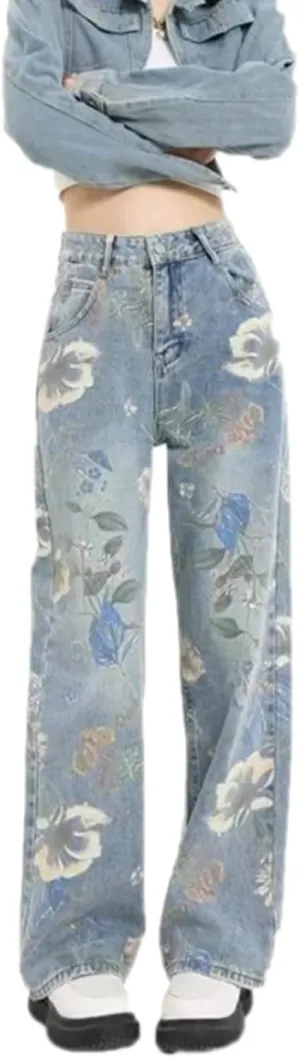 Print Flowers Wide Leg Jeans High Waist Trousers Casual Baggy Straight Streetwear Women Denim Pants