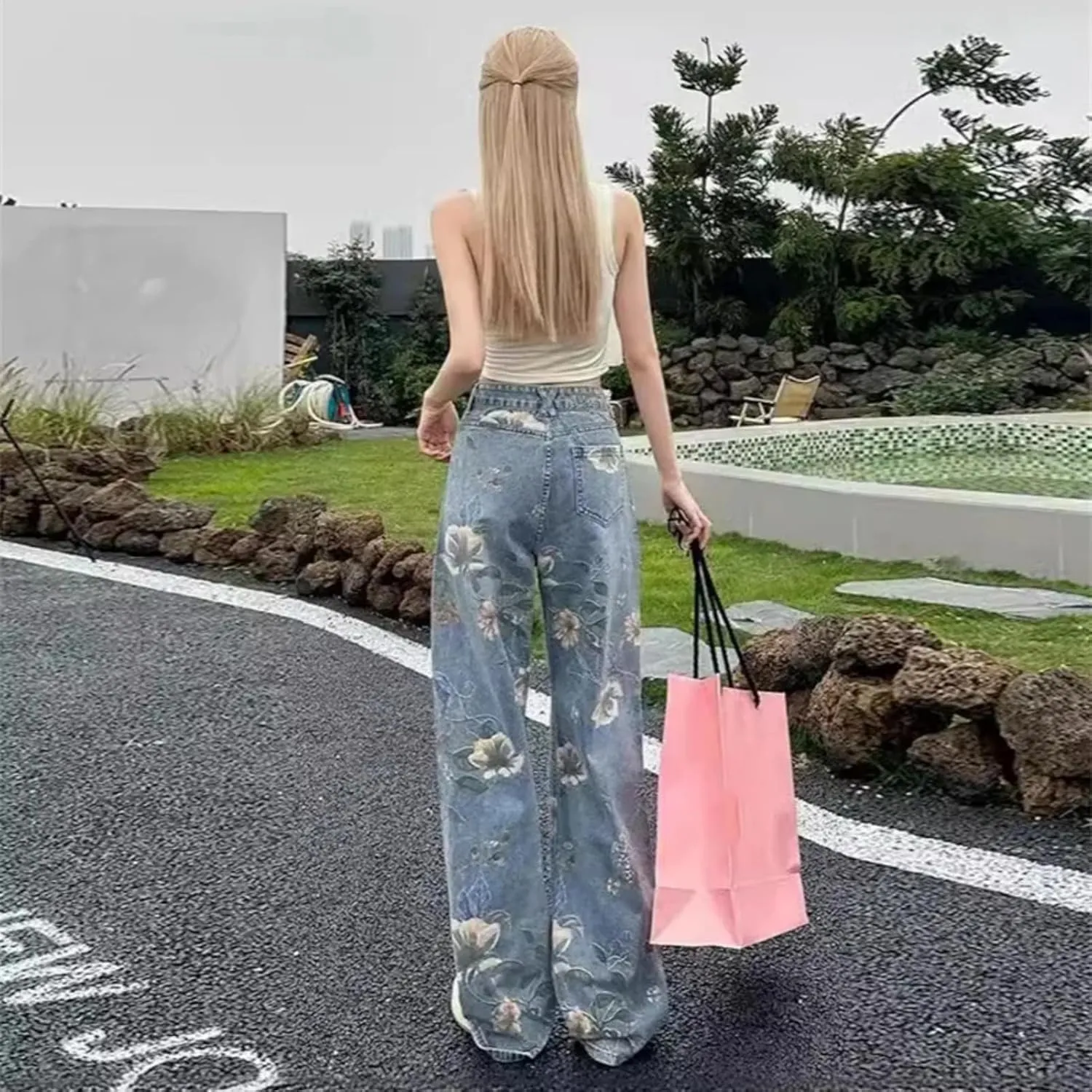 Print Flowers Wide Leg Jeans High Waist Trousers Casual Baggy Straight Streetwear Women Denim Pants