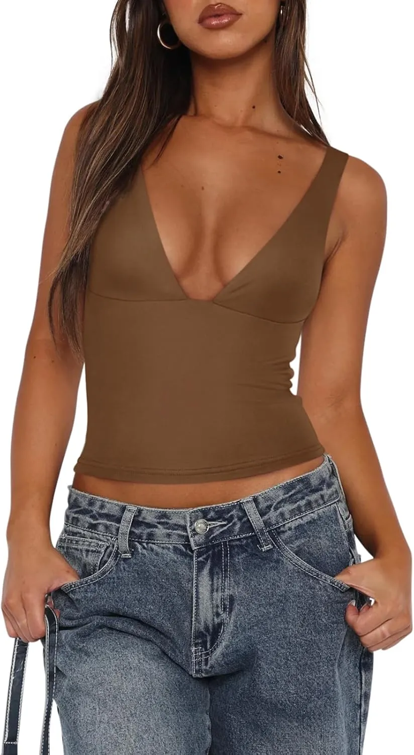 REORIA Women's Sexy Plunge Deep V Neck Sleeveless V Backless Tank Top Workout Yoga Crop Tops