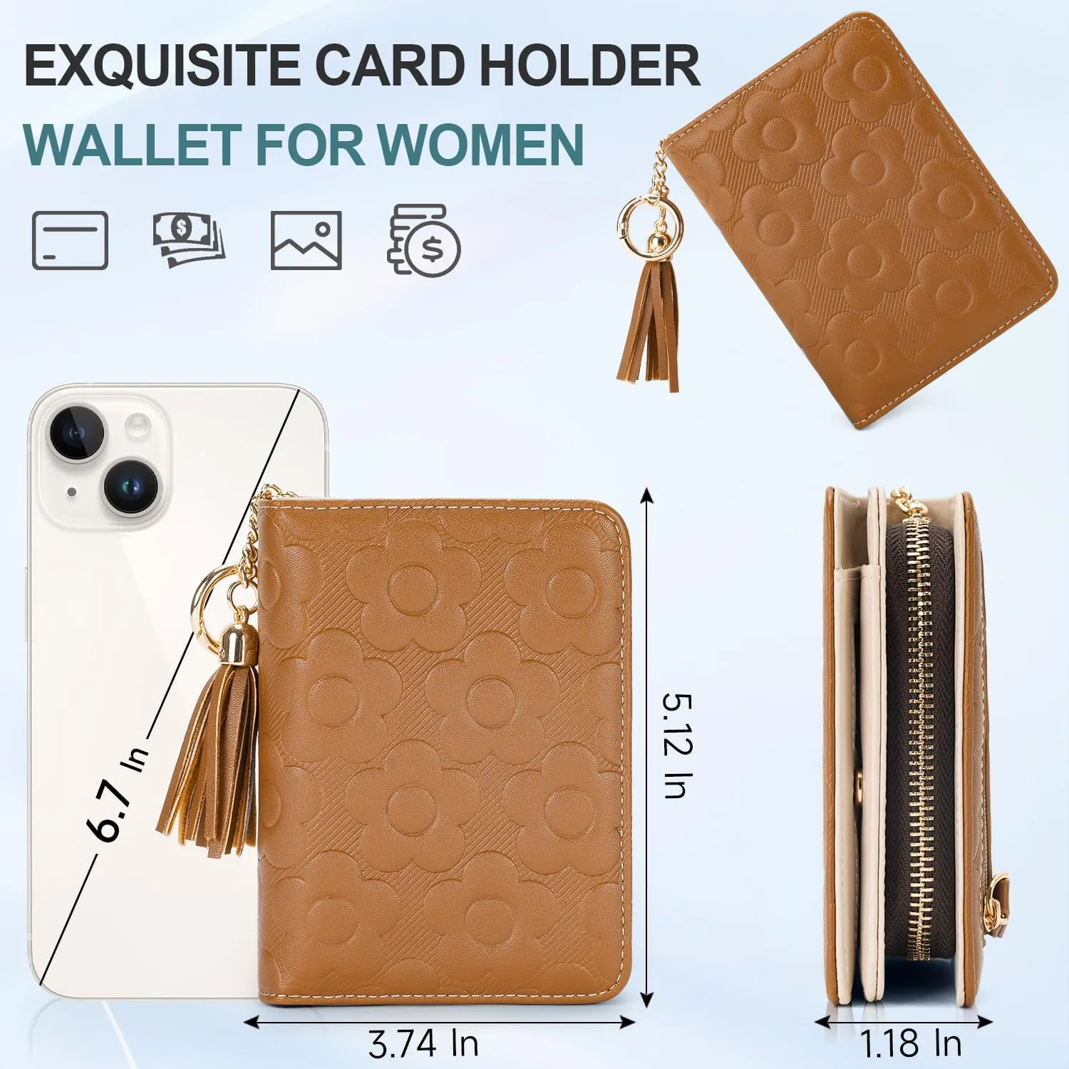 RFID Blocking Wallet Women Cute Embossed Floral Leather Credit Card Holder Wallet for Women with Tassel Accordion Purse Bifold Ladies Small Womens Wallets with Zipper Coin Pocket Brown