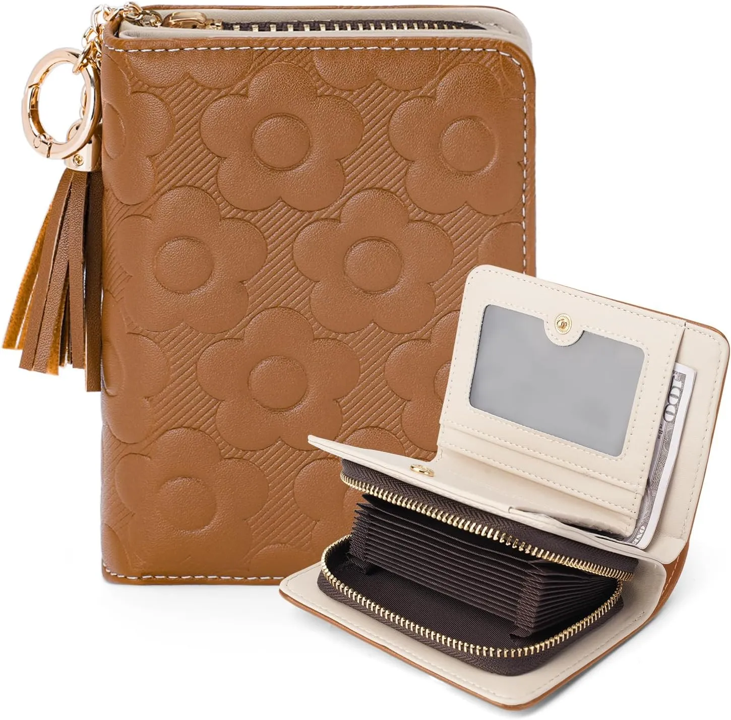RFID Blocking Wallet Women Cute Embossed Floral Leather Credit Card Holder Wallet for Women with Tassel Accordion Purse Bifold Ladies Small Womens Wallets with Zipper Coin Pocket Brown