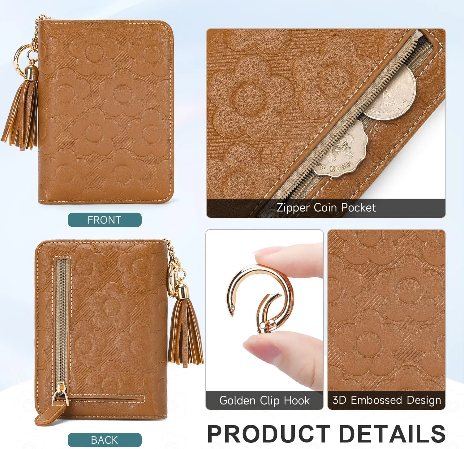 RFID Blocking Wallet Women Cute Embossed Floral Leather Credit Card Holder Wallet for Women with Tassel Accordion Purse Bifold Ladies Small Womens Wallets with Zipper Coin Pocket Brown