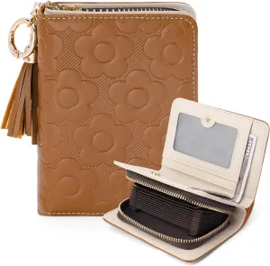 RFID Blocking Wallet Women Cute Embossed Floral Leather Credit Card Holder Wallet for Women with Tassel Accordion Purse Bifold Ladies Small Womens Wallets with Zipper Coin Pocket Brown