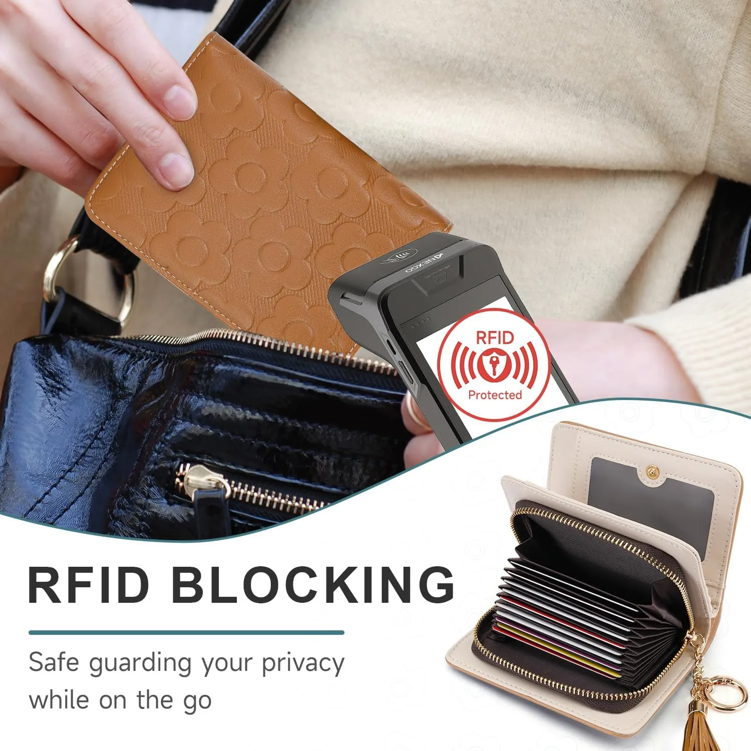 RFID Blocking Wallet Women Cute Embossed Floral Leather Credit Card Holder Wallet for Women with Tassel Accordion Purse Bifold Ladies Small Womens Wallets with Zipper Coin Pocket Brown