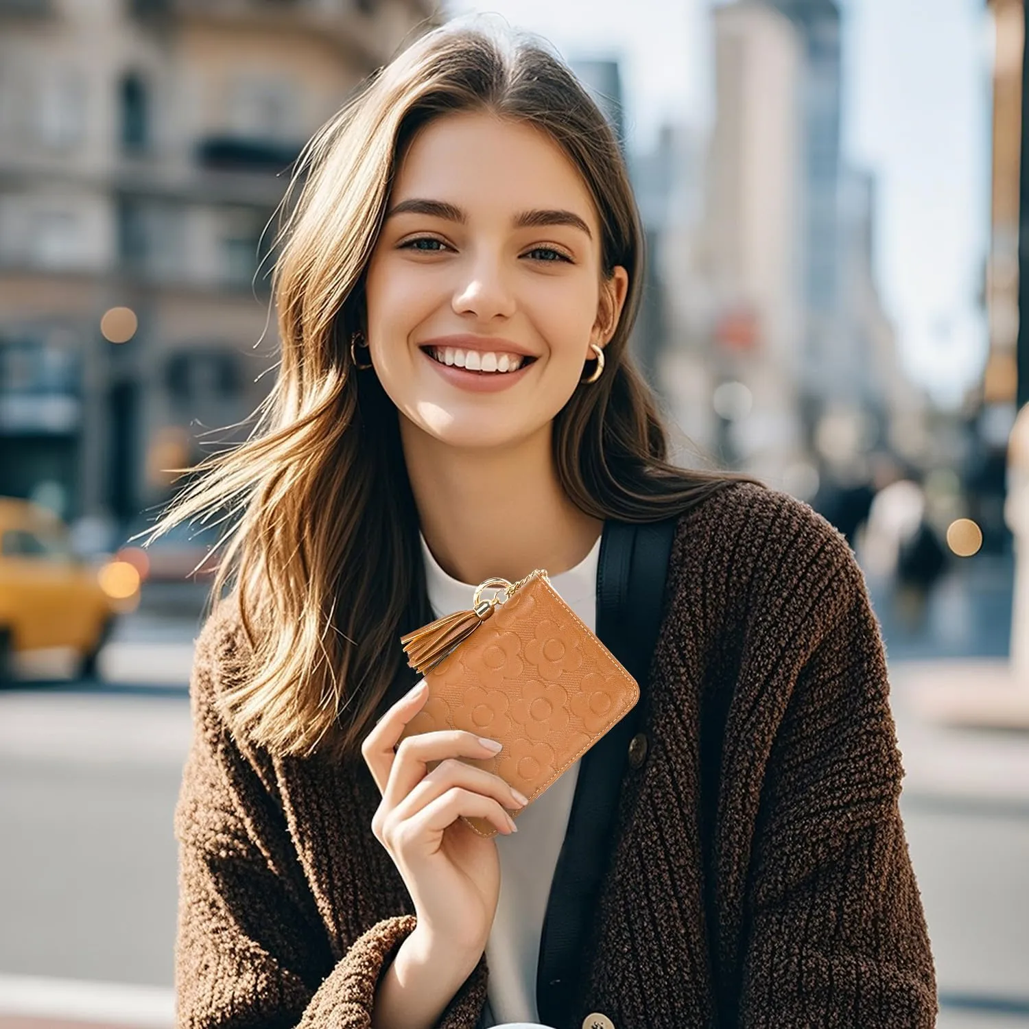 RFID Blocking Wallet Women Cute Embossed Floral Leather Credit Card Holder Wallet for Women with Tassel Accordion Purse Bifold Ladies Small Womens Wallets with Zipper Coin Pocket Brown