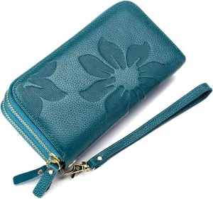 RFID Blocking Womens Leather Wallet, Double Zipper Smartphone Pocket, Embossed Flower with Credit Card Holder, Cash Slots Large Capacity Clutch Wristlet (Teal Blue)