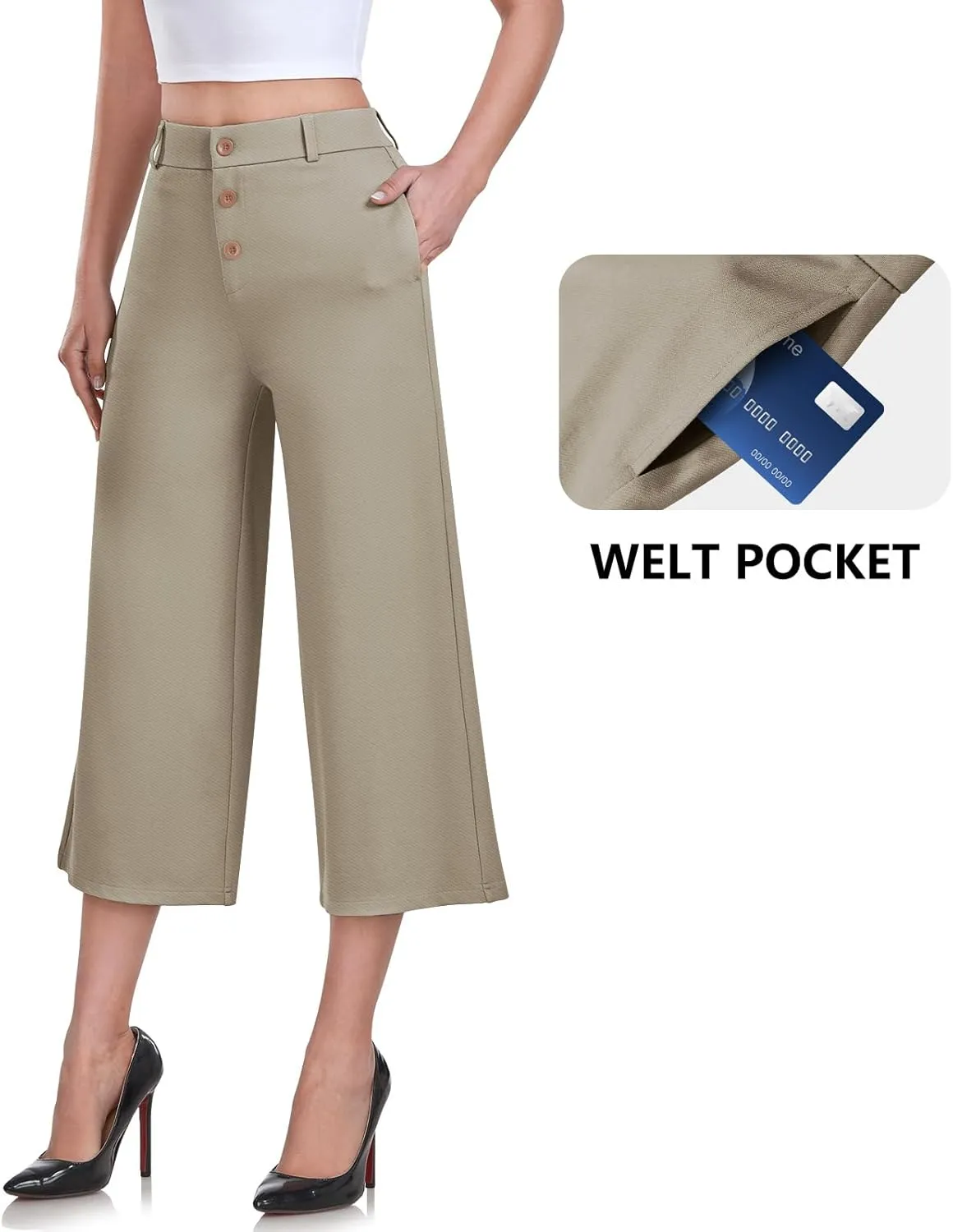 RIMLESS 7 Wide Leg Pants for Women Fashion Twill Cropped Trousers Business Casual Dress Pants Stretch Capris Work Slacks