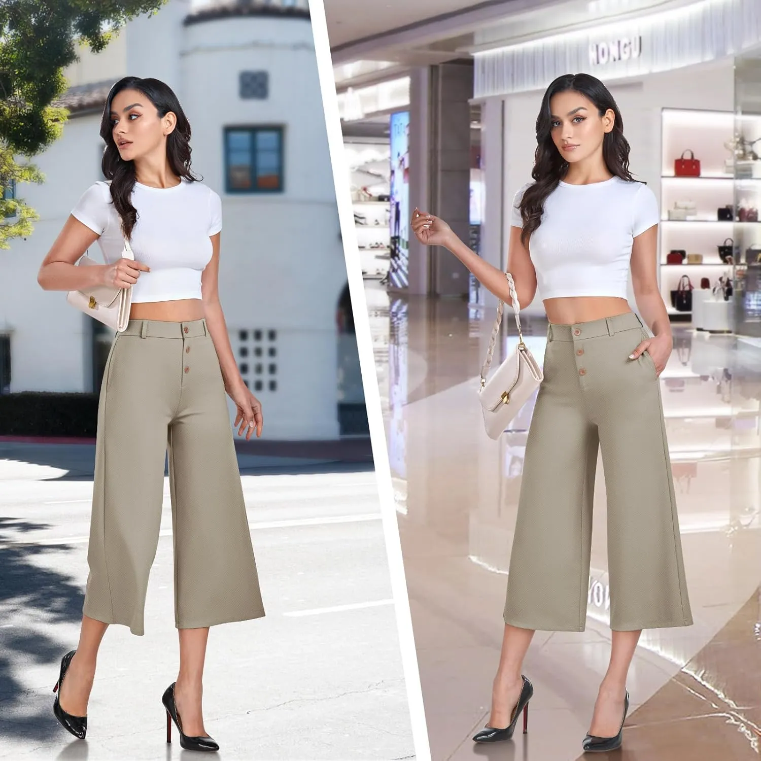 RIMLESS 7 Wide Leg Pants for Women Fashion Twill Cropped Trousers Business Casual Dress Pants Stretch Capris Work Slacks