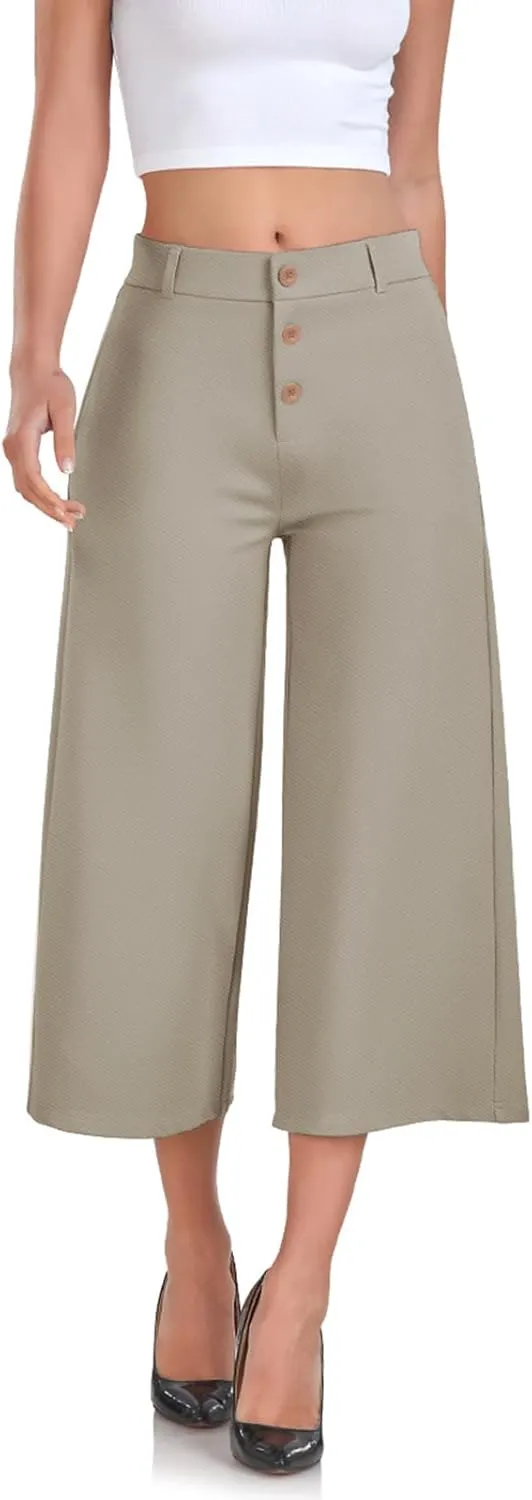 RIMLESS 7 Wide Leg Pants for Women Fashion Twill Cropped Trousers Business Casual Dress Pants Stretch Capris Work Slacks