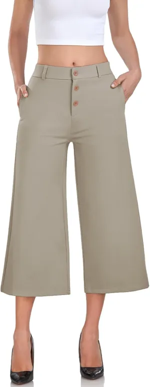 RIMLESS 7 Wide Leg Pants for Women Fashion Twill Cropped Trousers Business Casual Dress Pants Stretch Capris Work Slacks