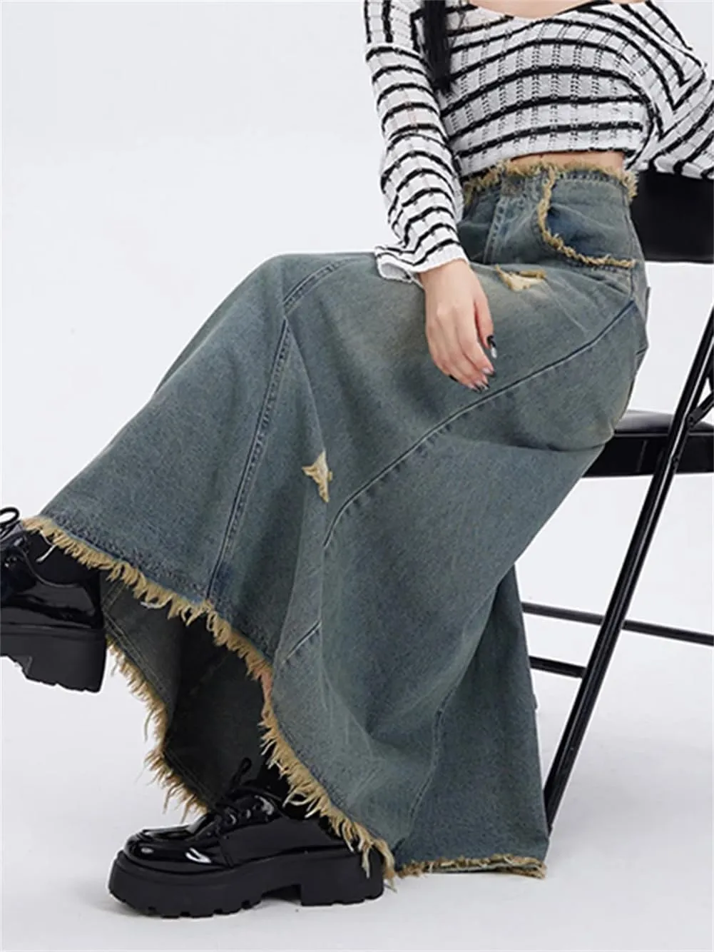 Ripped Denim Skirt for Women High Waisted Slit Cut A Line Long Skirt Vintage Y2k Pocket Skirt