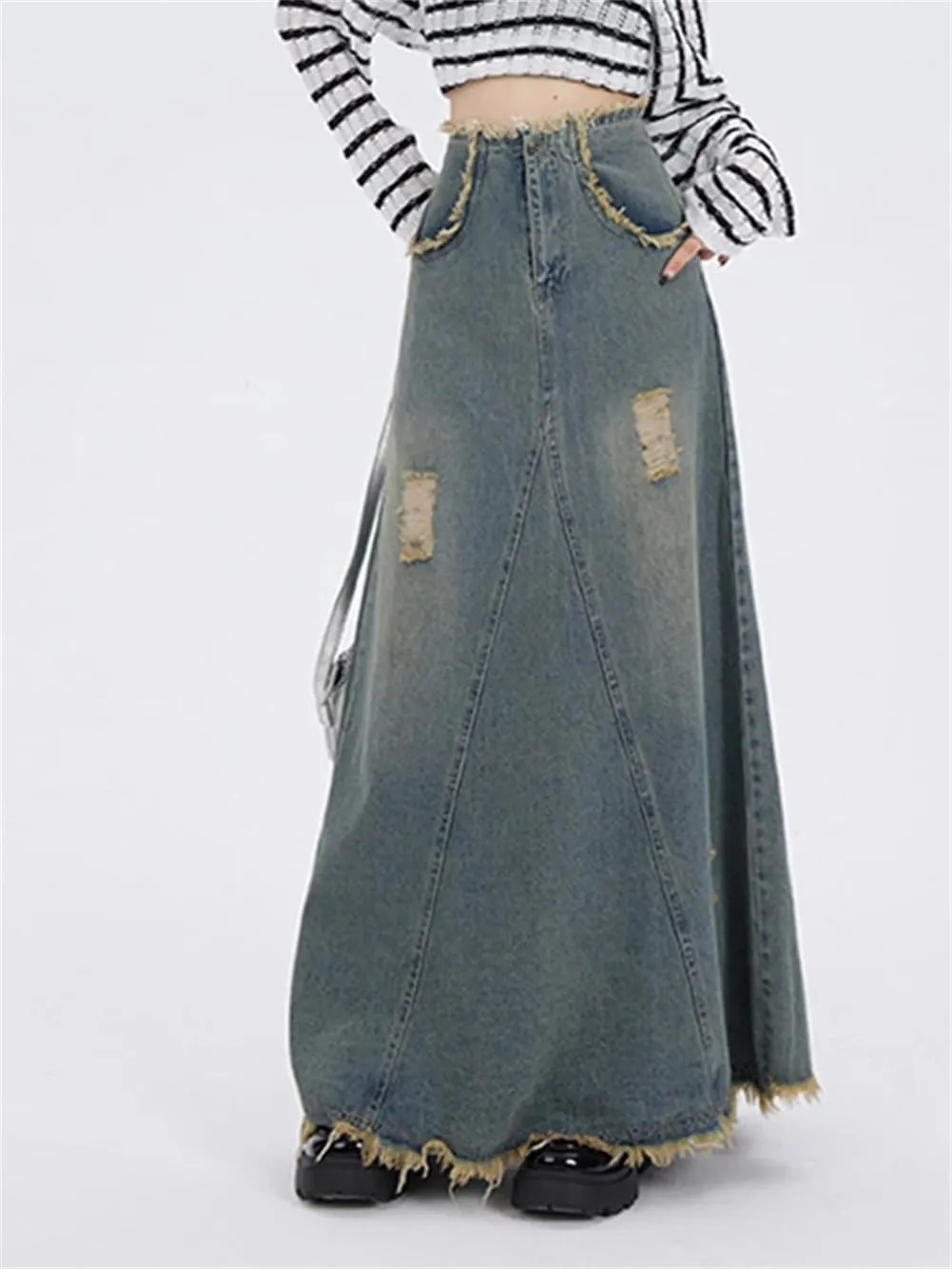 Ripped Denim Skirt for Women High Waisted Slit Cut A Line Long Skirt Vintage Y2k Pocket Skirt