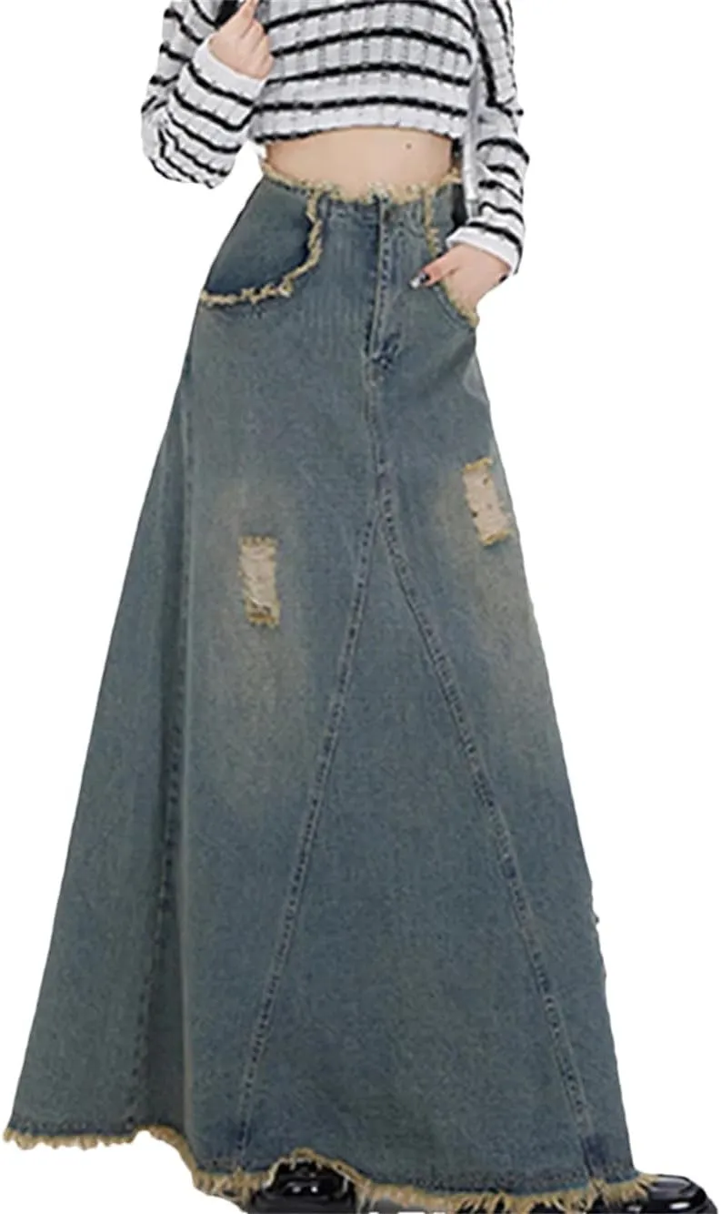 Ripped Denim Skirt for Women High Waisted Slit Cut A Line Long Skirt Vintage Y2k Pocket Skirt