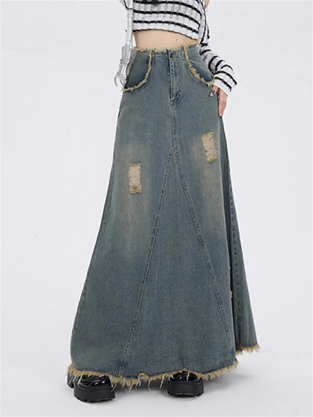 Ripped Denim Skirt for Women High Waisted Slit Cut A Line Long Skirt Vintage Y2k Pocket Skirt