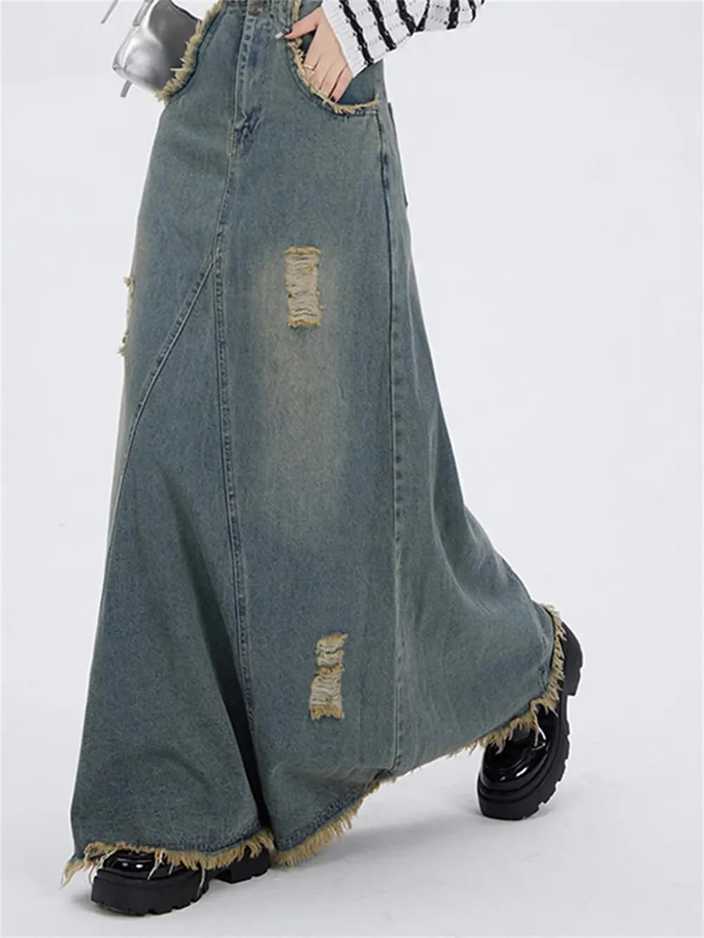 Ripped Denim Skirt for Women High Waisted Slit Cut A Line Long Skirt Vintage Y2k Pocket Skirt