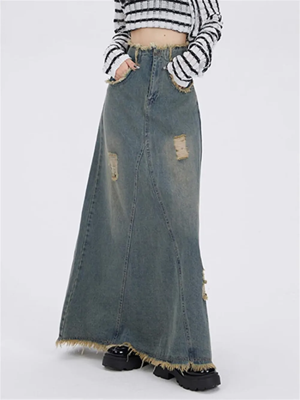 Ripped Denim Skirt for Women High Waisted Slit Cut A Line Long Skirt Vintage Y2k Pocket Skirt