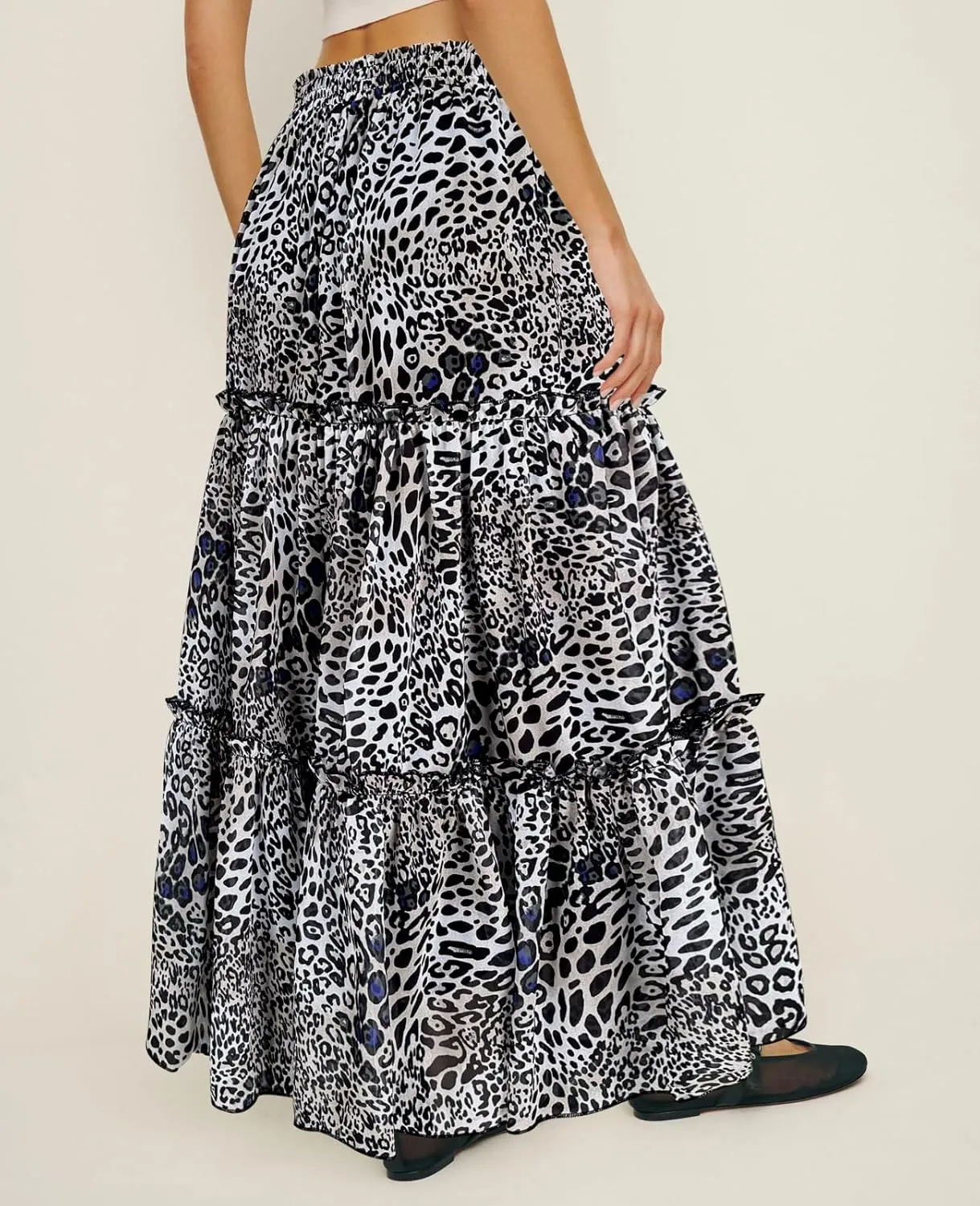 SEBOWEL Womens Leopard Print Long Skirt Cheetah Chiffon Tiered Ruffle Maxi Skirt Pleated A-Line Swing Beach Long Skirts