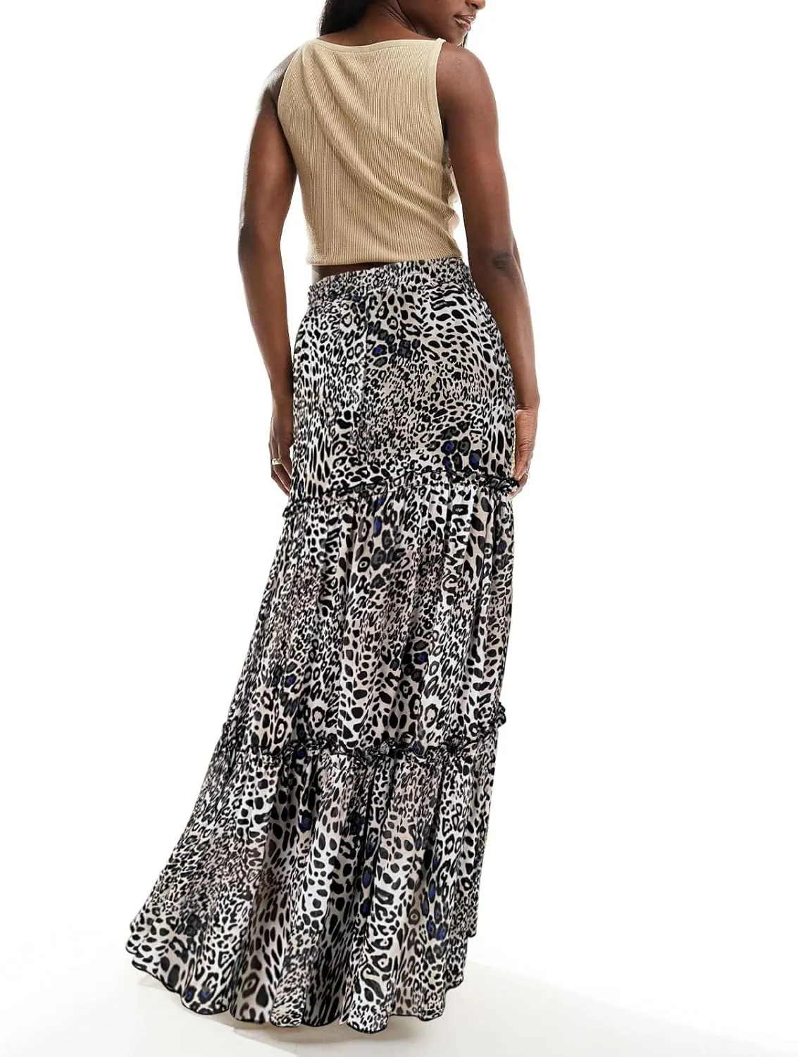 SEBOWEL Womens Leopard Print Long Skirt Cheetah Chiffon Tiered Ruffle Maxi Skirt Pleated A-Line Swing Beach Long Skirts