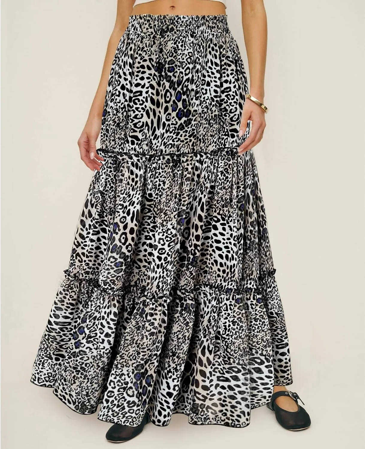 SEBOWEL Womens Leopard Print Long Skirt Cheetah Chiffon Tiered Ruffle Maxi Skirt Pleated A-Line Swing Beach Long Skirts