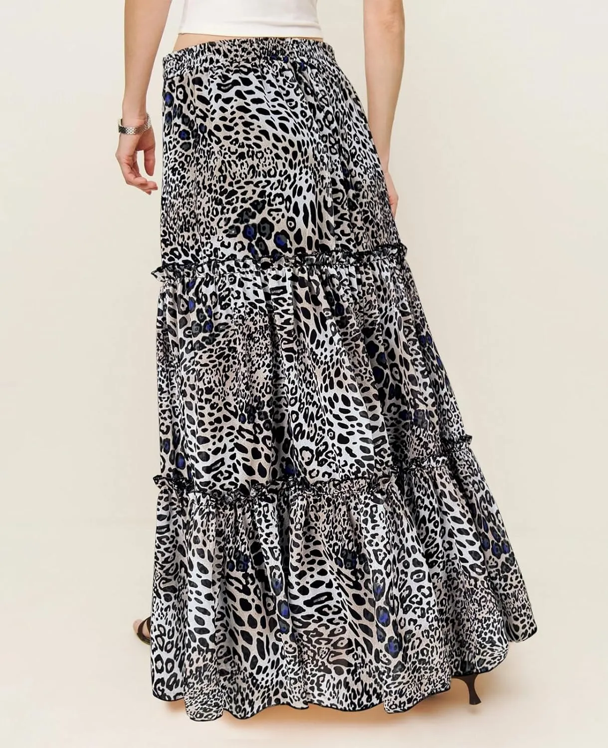 SEBOWEL Womens Leopard Print Long Skirt Cheetah Chiffon Tiered Ruffle Maxi Skirt Pleated A-Line Swing Beach Long Skirts