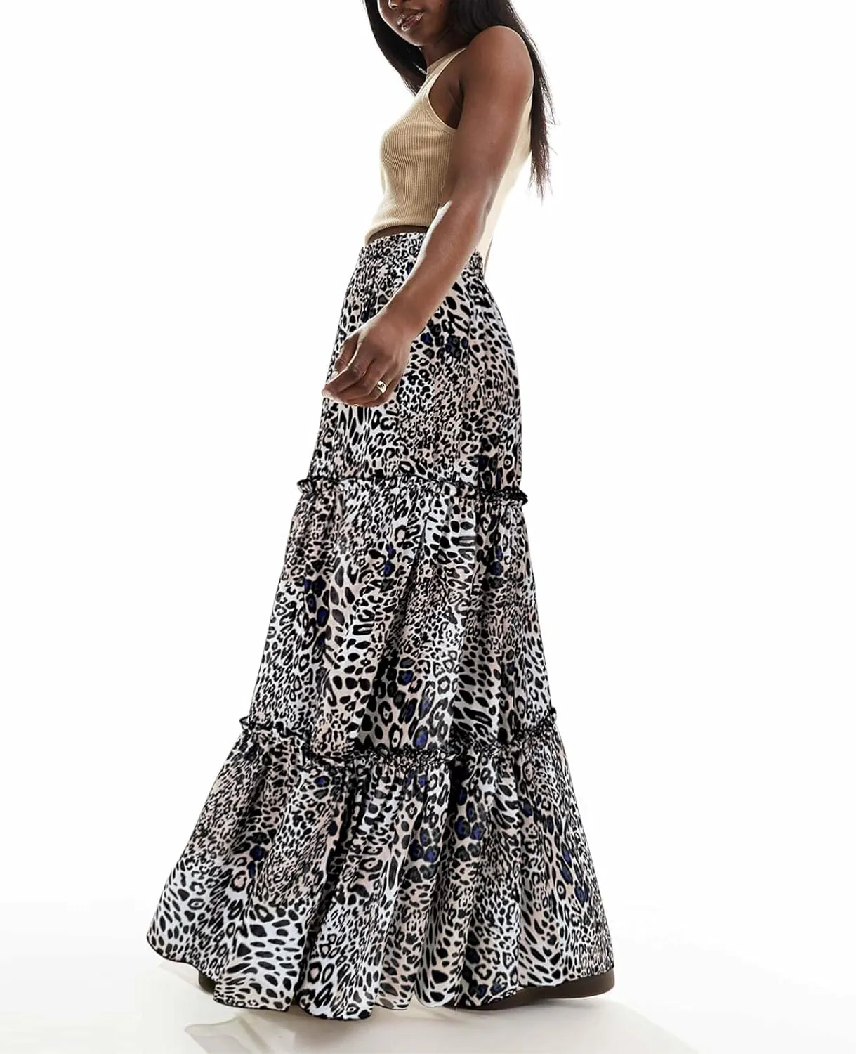 SEBOWEL Womens Leopard Print Long Skirt Cheetah Chiffon Tiered Ruffle Maxi Skirt Pleated A-Line Swing Beach Long Skirts
