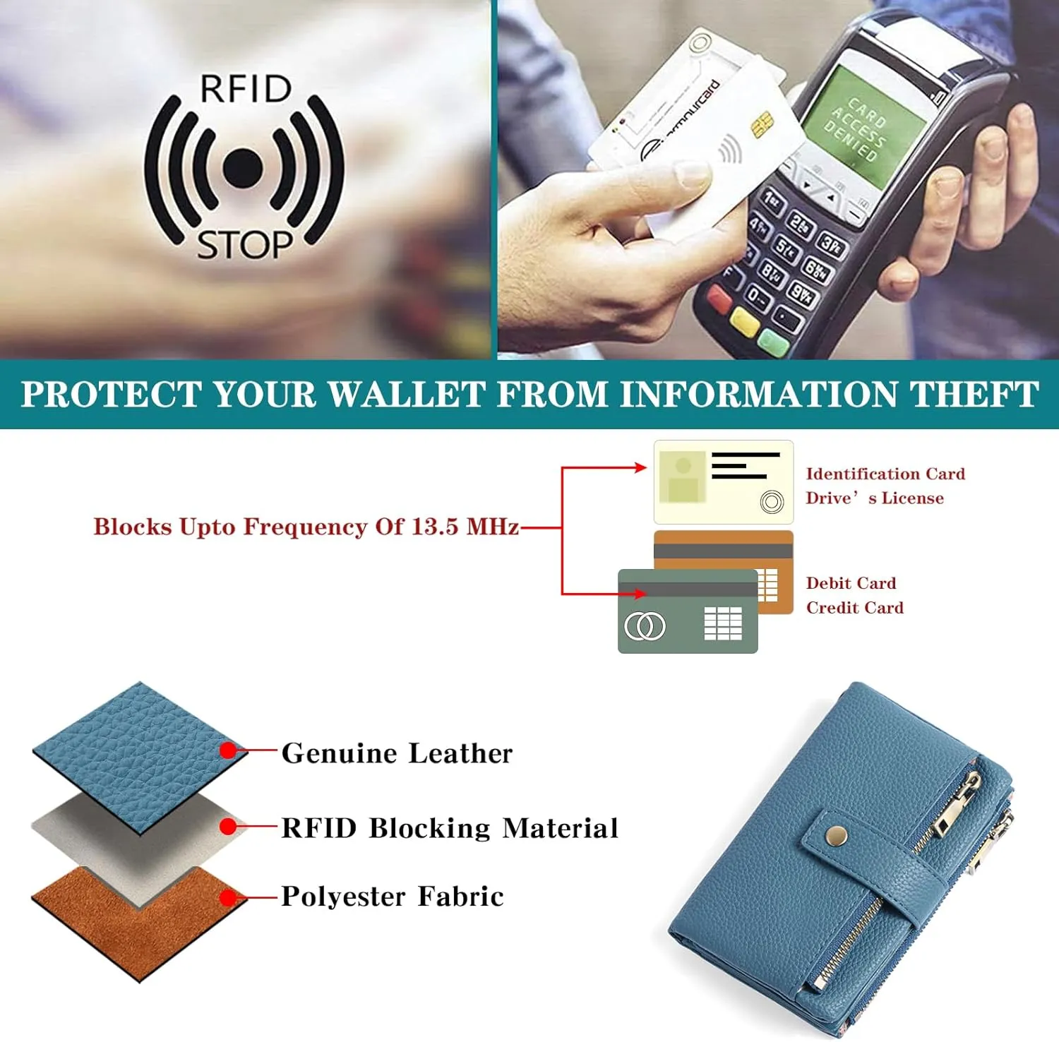 SENDEFN Small Wallet for Women Leather RFID Blocking Wristlet Wallet Credit Card Holder with Double Zipper Coin Purse Ladies Bifold Purse