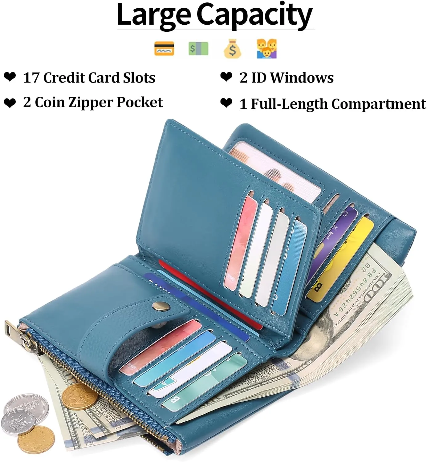 SENDEFN Small Wallet for Women Leather RFID Blocking Wristlet Wallet Credit Card Holder with Double Zipper Coin Purse Ladies Bifold Purse