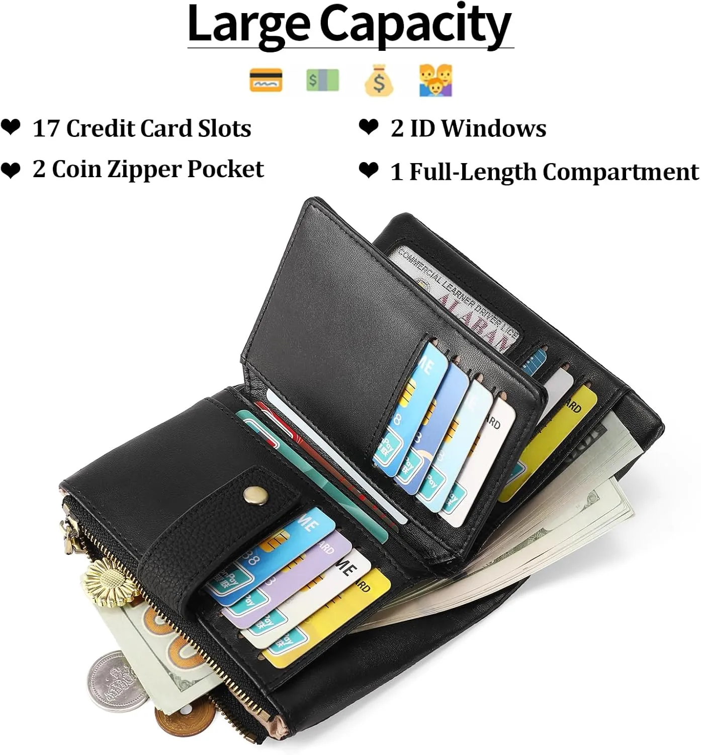 SENDEFN Small Wallet for Women Leather RFID Blocking Wristlet Wallet Credit Card Holder with Double Zipper Coin Purse Ladies Bifold Purse