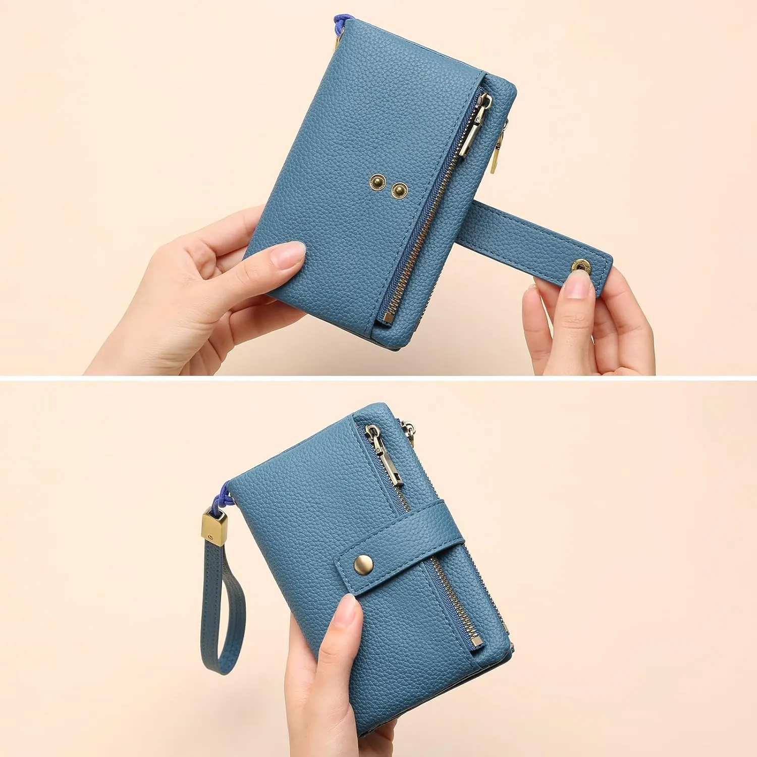 SENDEFN Small Wallet for Women Leather RFID Blocking Wristlet Wallet Credit Card Holder with Double Zipper Coin Purse Ladies Bifold Purse