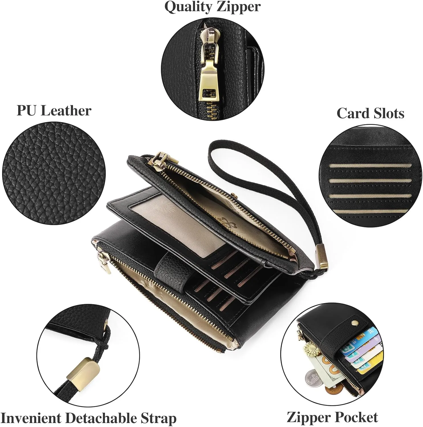SENDEFN Small Wallet for Women Leather RFID Blocking Wristlet Wallet Credit Card Holder with Double Zipper Coin Purse Ladies Bifold Purse