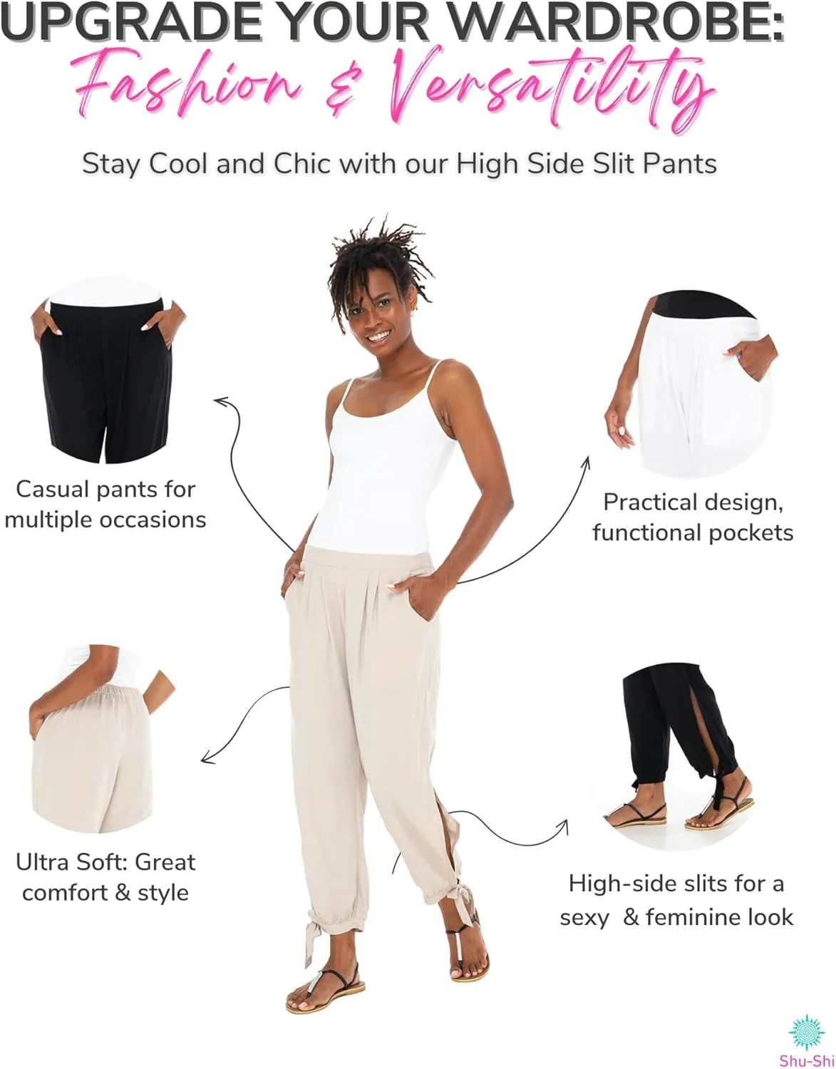 SHU-SHI Womens Harem Cropped Trouser Boho Summer Pants High Side Slits