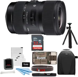 Sigma 18-35mm F1.8 Art DC HSM Lens for Canon DSLR Camera Bundle with Camera Bag, 32GB Ultra Memory Card, Tripod, Card Reader, Band for Lenses, and Accessory Kit (8 Items)
