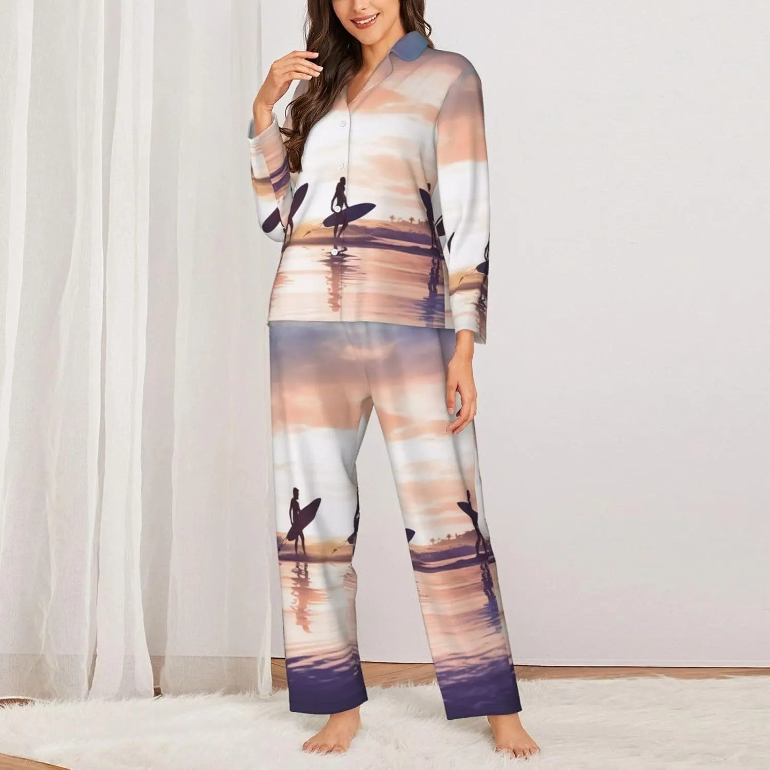 (Silhouette Of Surfer People) Women'S Long Sleeve Pajama Set 2 Piece Sleepwear Set Soft Loungewear For Women