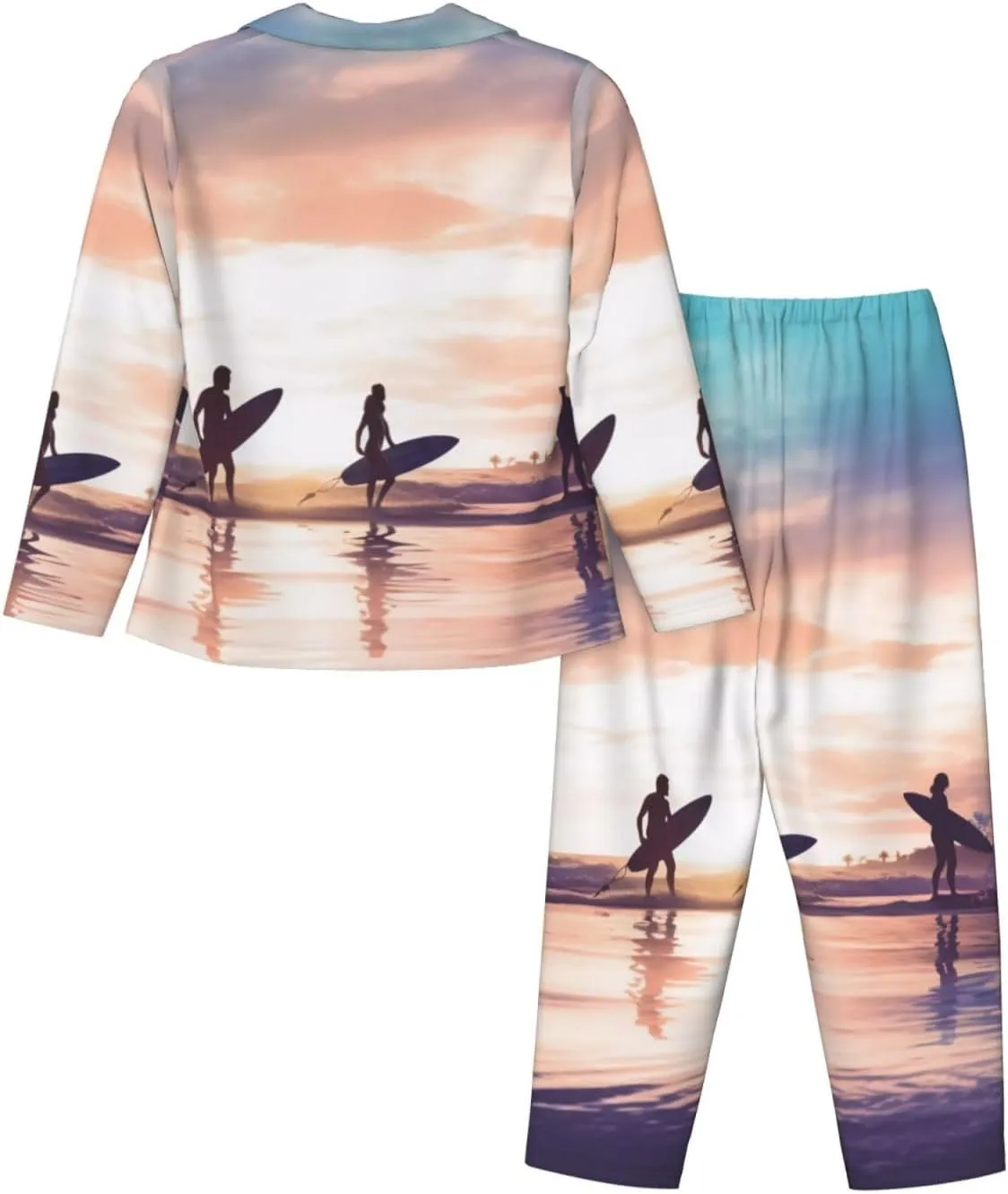 (Silhouette Of Surfer People) Women'S Long Sleeve Pajama Set 2 Piece Sleepwear Set Soft Loungewear For Women
