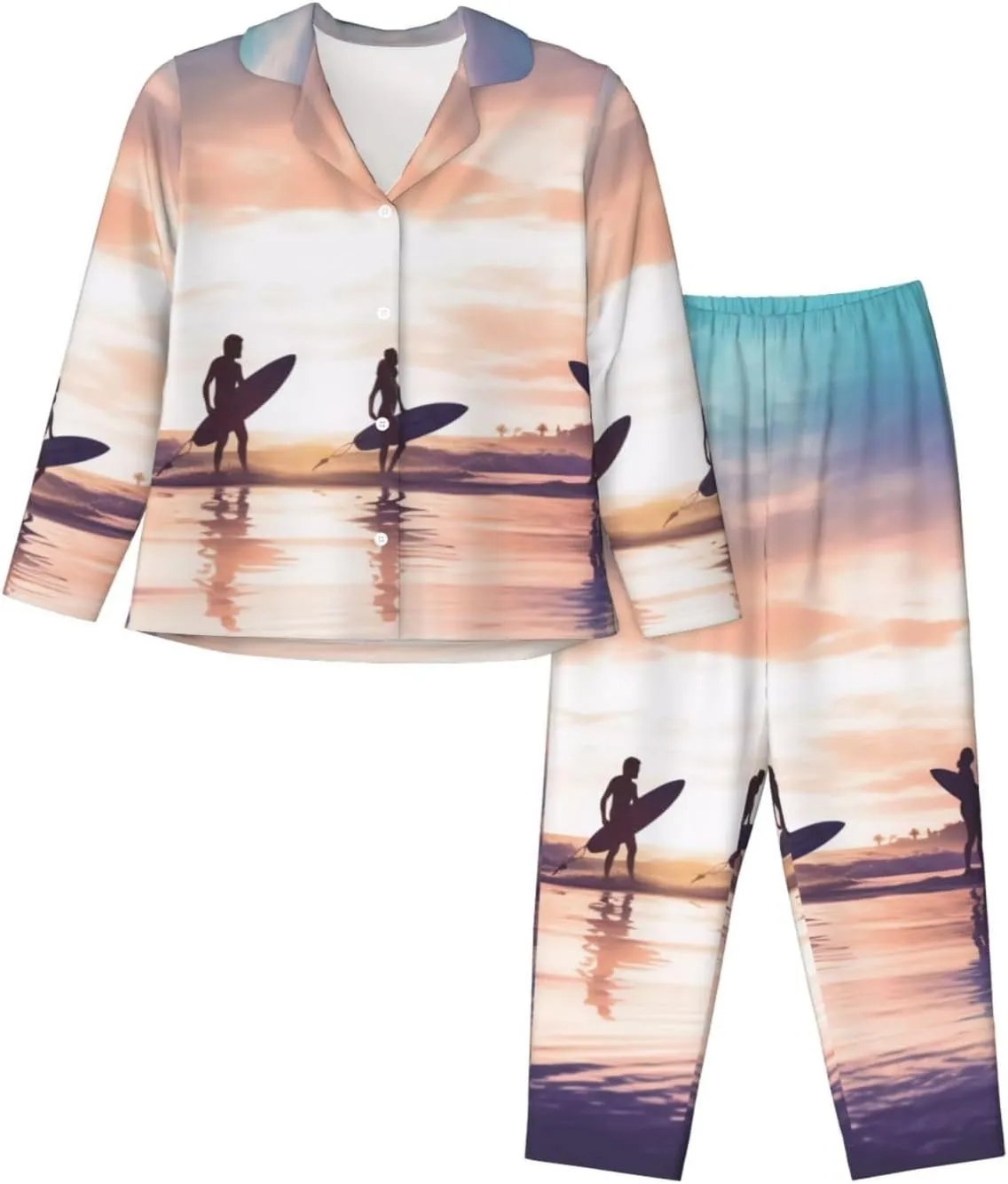 (Silhouette Of Surfer People) Women'S Long Sleeve Pajama Set 2 Piece Sleepwear Set Soft Loungewear For Women