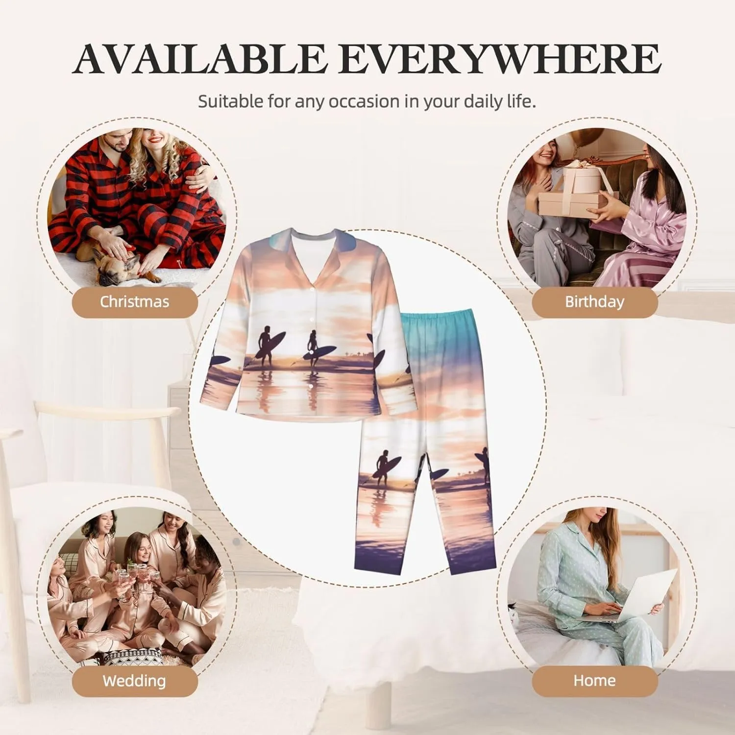 (Silhouette Of Surfer People) Women'S Long Sleeve Pajama Set 2 Piece Sleepwear Set Soft Loungewear For Women