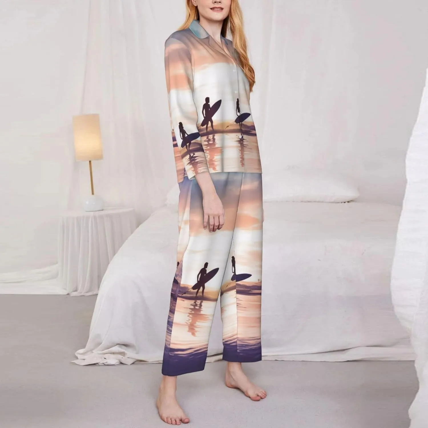(Silhouette Of Surfer People) Women'S Long Sleeve Pajama Set 2 Piece Sleepwear Set Soft Loungewear For Women