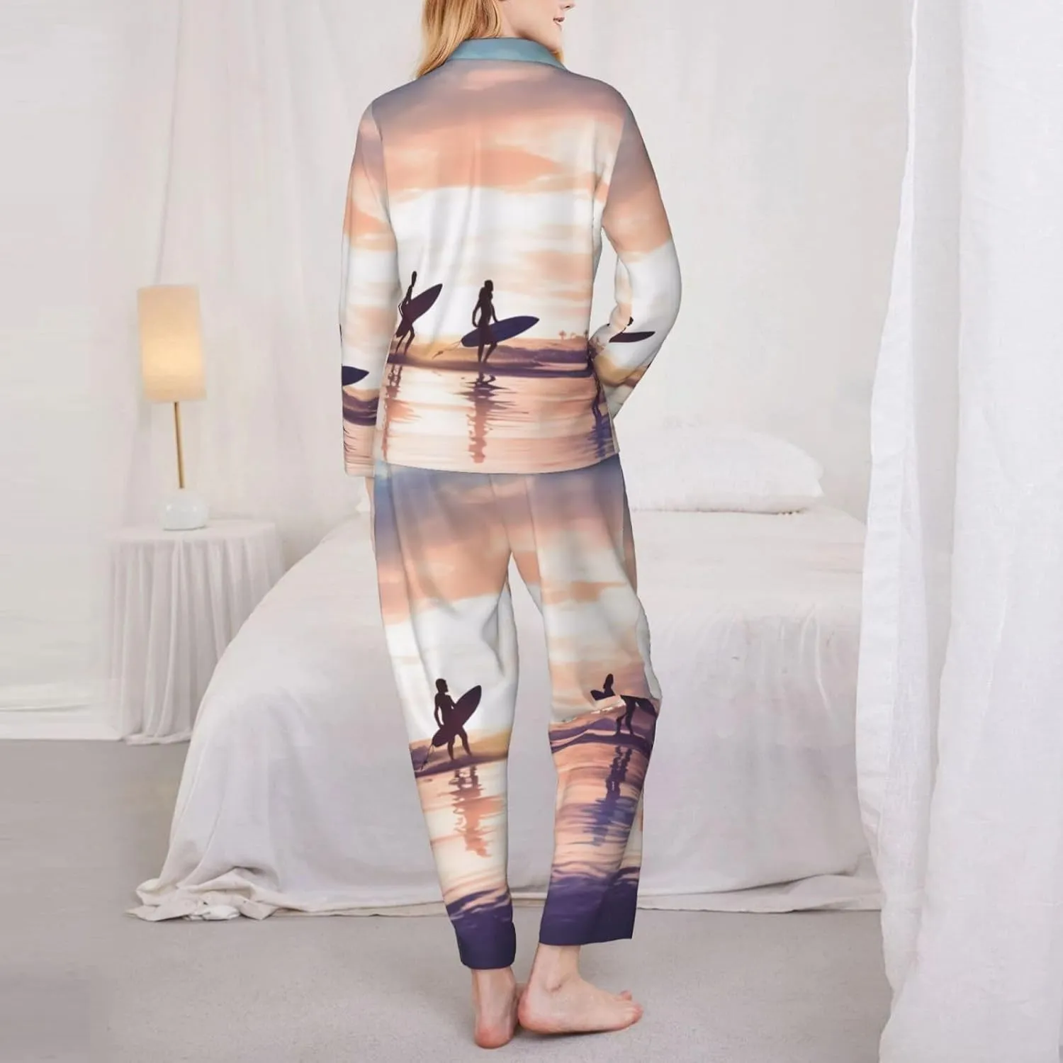 (Silhouette Of Surfer People) Women'S Long Sleeve Pajama Set 2 Piece Sleepwear Set Soft Loungewear For Women