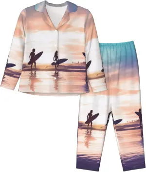 (Silhouette Of Surfer People) Women'S Long Sleeve Pajama Set 2 Piece Sleepwear Set Soft Loungewear For Women