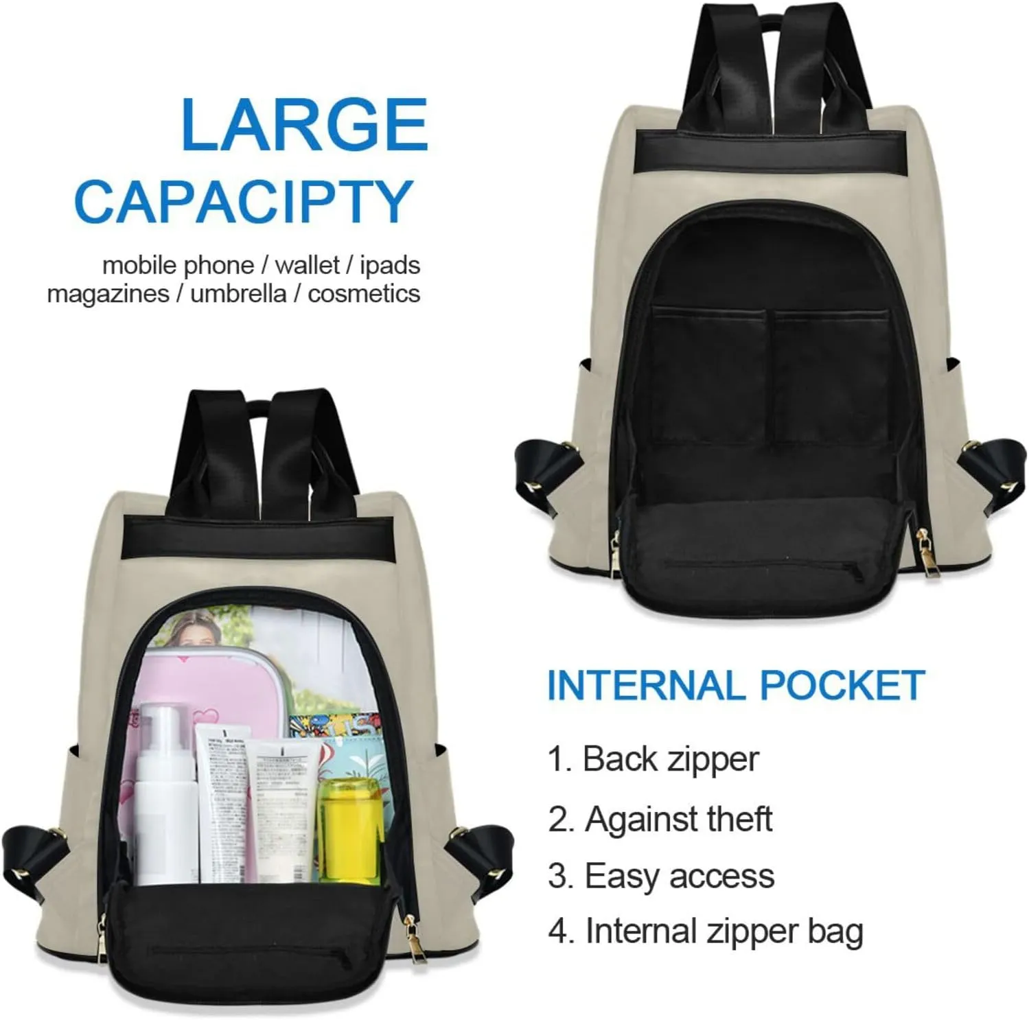 Sinestour Beige Backpack Purse Anti-Theft Casual Travel Rucksack Fashion Lightweight Shoulder Bag for Ladies Bookbag Purses