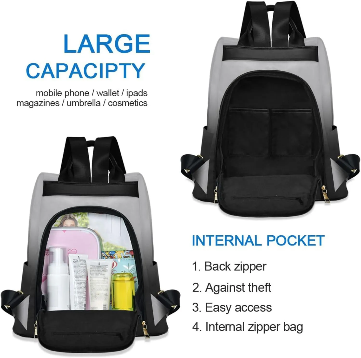 Sinestour Black White Gradient Backpack Purse Anti-Theft Casual Travel Rucksack Fashion Lightweight Shoulder Bag for Women Carryon Handbag