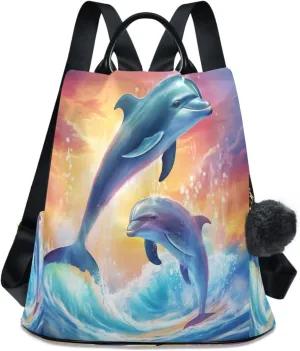 Sinestour Colorful Dolphins Jumping Sky Backpack Purse Anti-Theft Casual Travel Rucksack Fashion Lightweight Shoulder Bag for Women Casual Purses
