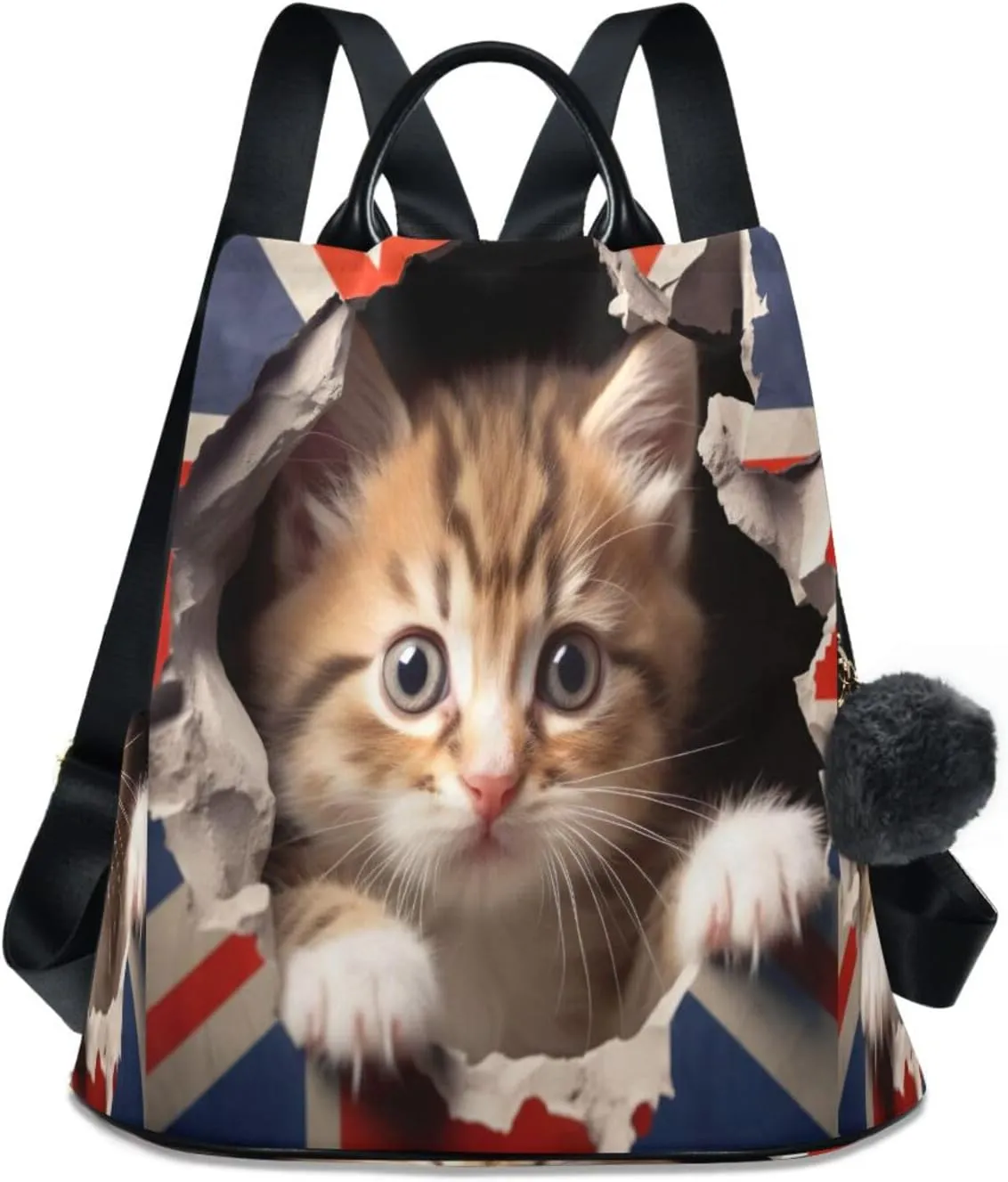 Sinestour Cute British Flag Cat Backpack Purse Anti-Theft Casual Travel Rucksack Fashion Lightweight Shoulder Bag for Ladies Tote Backpack