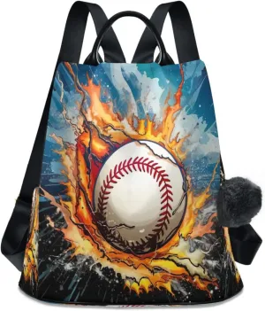 Sinestour Fire Ocean Baseballs Backpack Purse Anti-Theft Casual Travel Rucksack Fashion Lightweight Shoulder Bag for Women Carryon Handbag