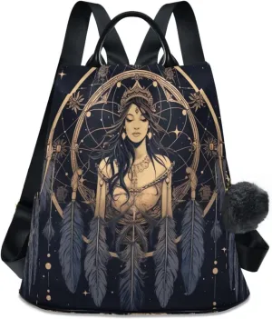Sinestour Gold Feather Dream Catcher Backpack Purse Anti-Theft Casual Travel Rucksack Fashion Lightweight Shoulder Bag for Casual Purses Women