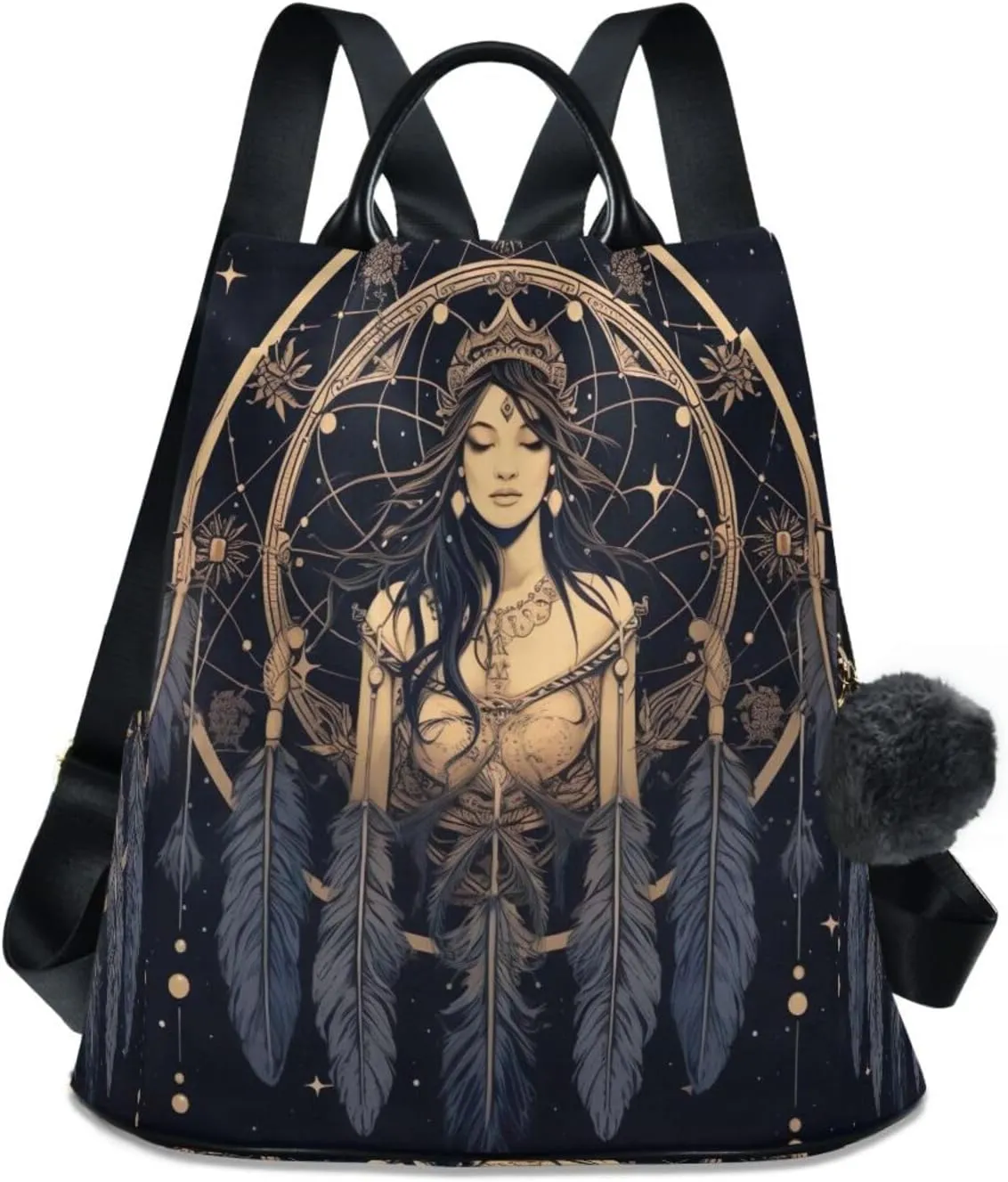 Sinestour Gold Feather Dream Catcher Backpack Purse Anti-Theft Casual Travel Rucksack Fashion Lightweight Shoulder Bag for Casual Purses Women