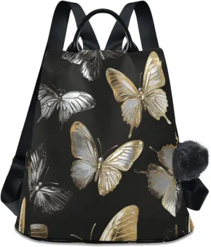 Sinestour Golden Silver Butterflies Backpack Purse Anti-Theft Casual Travel Rucksack Fashion Lightweight Shoulder Bag for Ladies Tote Backpack