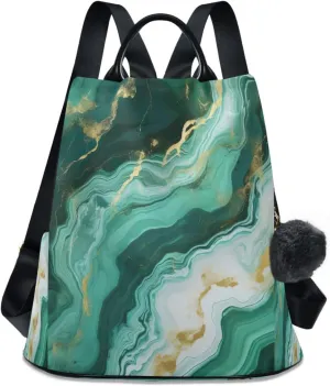 Sinestour Green White Marble Texture Backpack Purse Anti-Theft Casual Travel Rucksack Fashion Lightweight Shoulder Bag for Tote Backpack Ladies