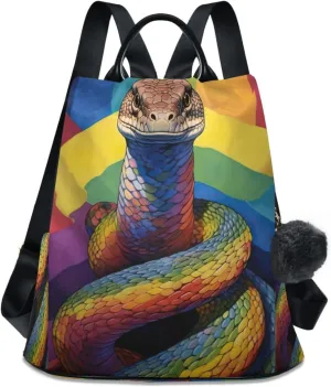 Sinestour Lgbt Snake Rainbow Backpack Purse Anti-Theft Casual Travel Rucksack Fashion Lightweight Shoulder Bag for Ladies Tote Backpack